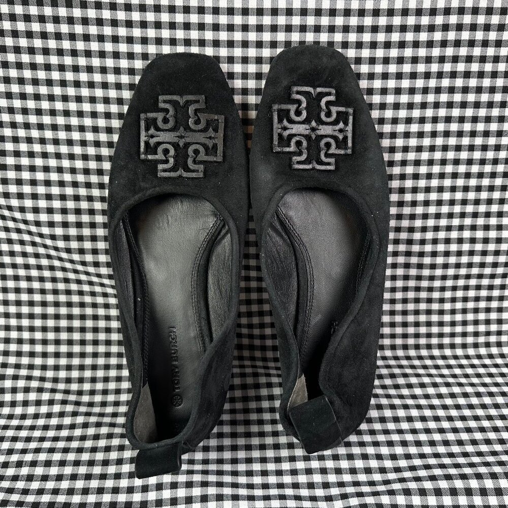TORY BURCH Georgia Ballet Flats Black Suede Leather Square Toe Size 8.5